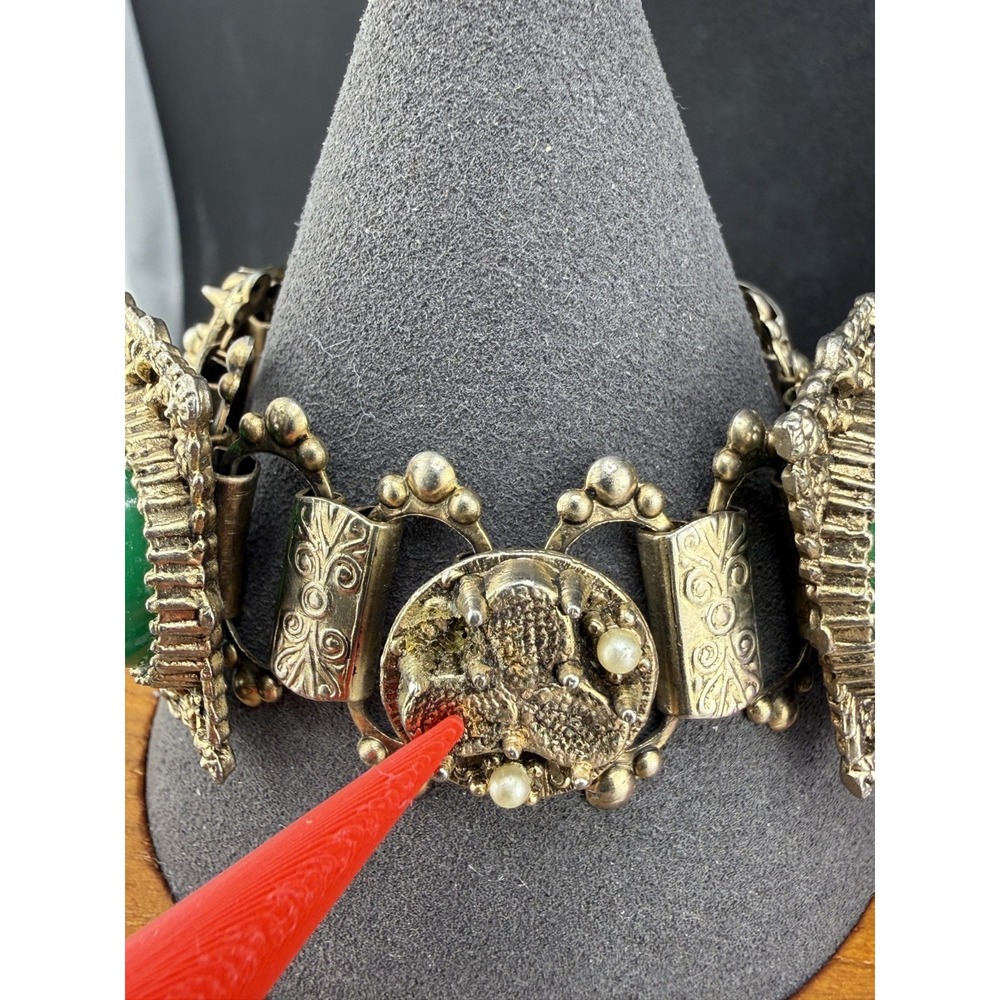 Vintage Victorian Revival Bracelet Green Stones Panel Gold Tone READ - Picture 3 of 12